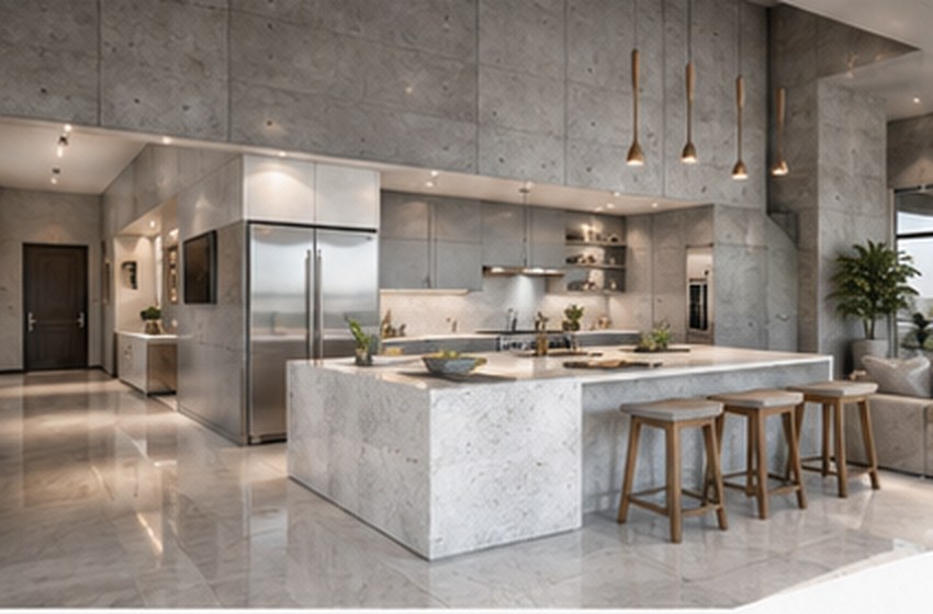 Modern kitchen interior with concrete finishes
