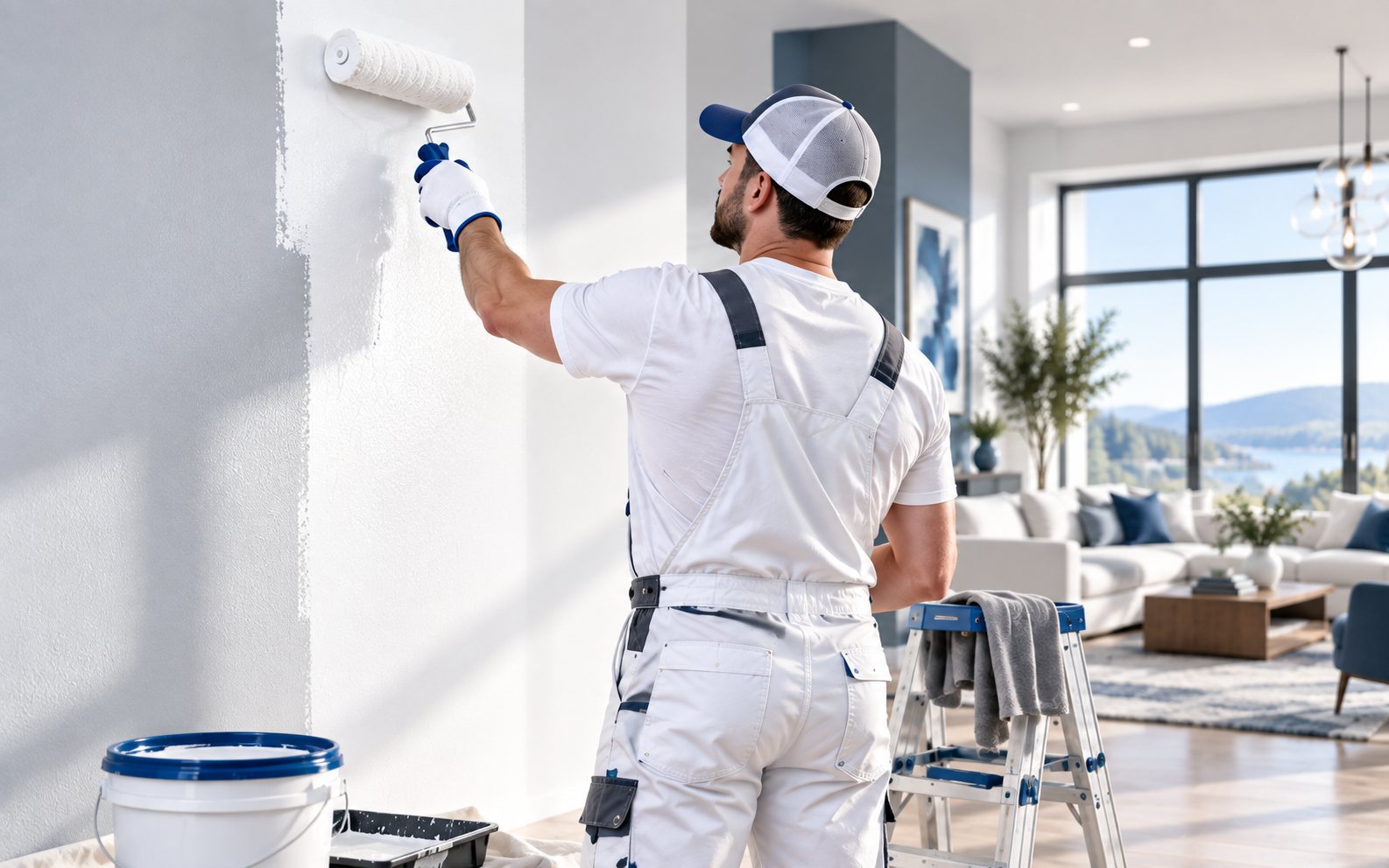 Painter rolling fresh white paint onto an interior wall